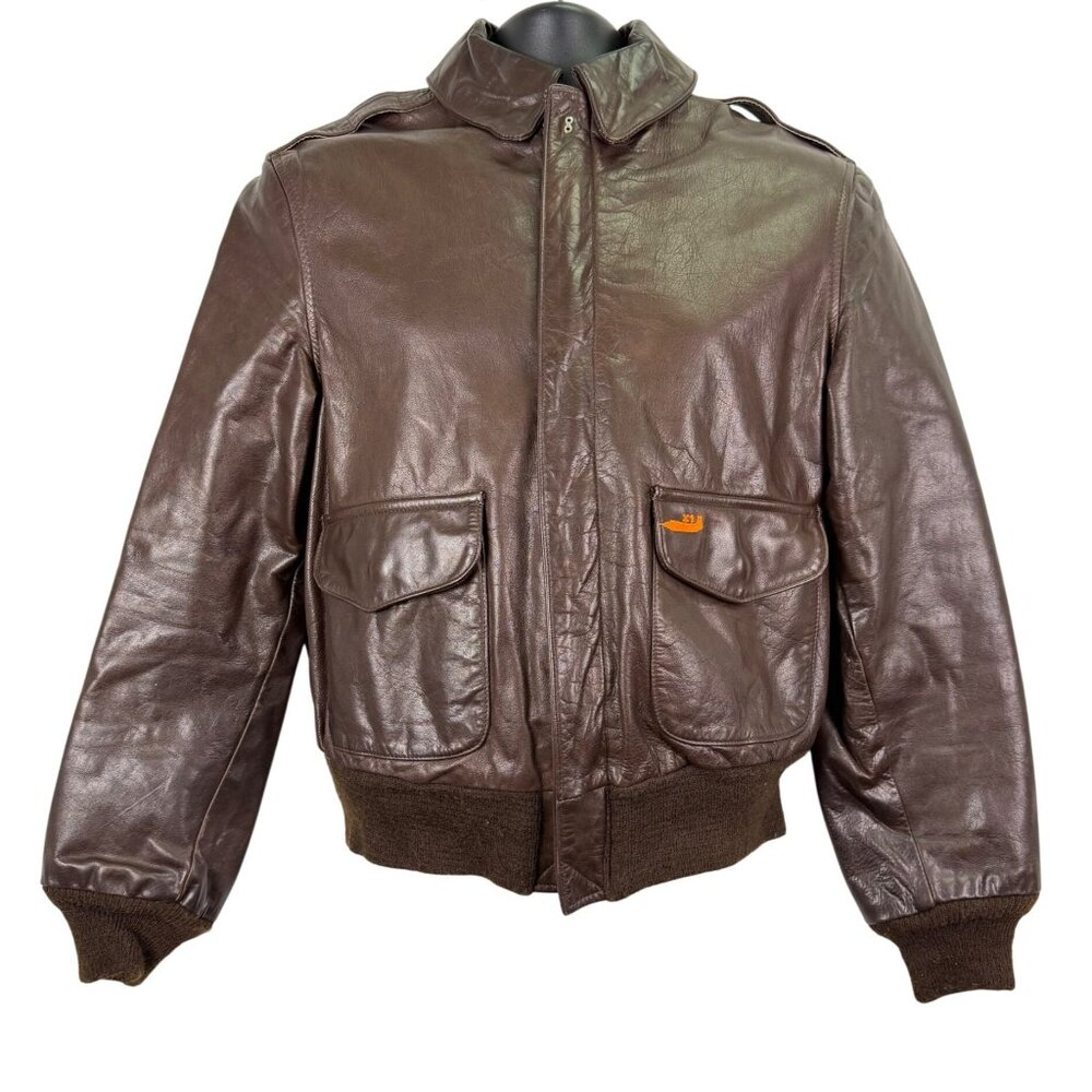 Vintage 80's Avirex Mens Brown Leather Bomber Jacket Ribbed Trim Pocketed Sz 38